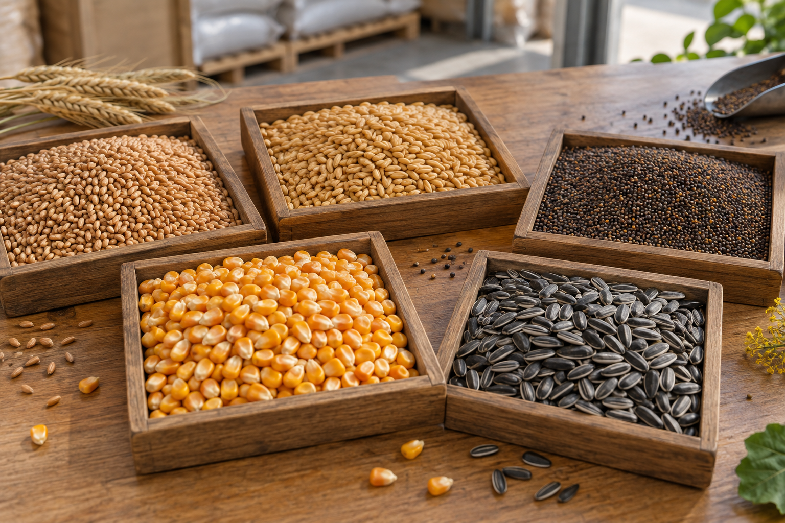 Samples of wheat, corn, sunflower seed and rapeseed arranged in wooden trays.
