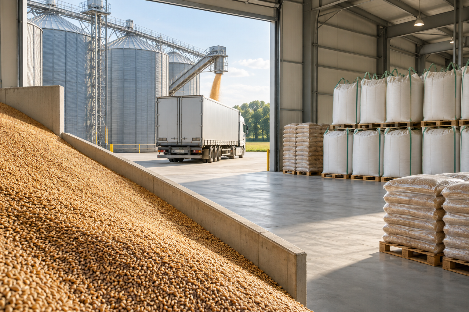 Clean grain warehouse loading area with bulk storage and a truck.